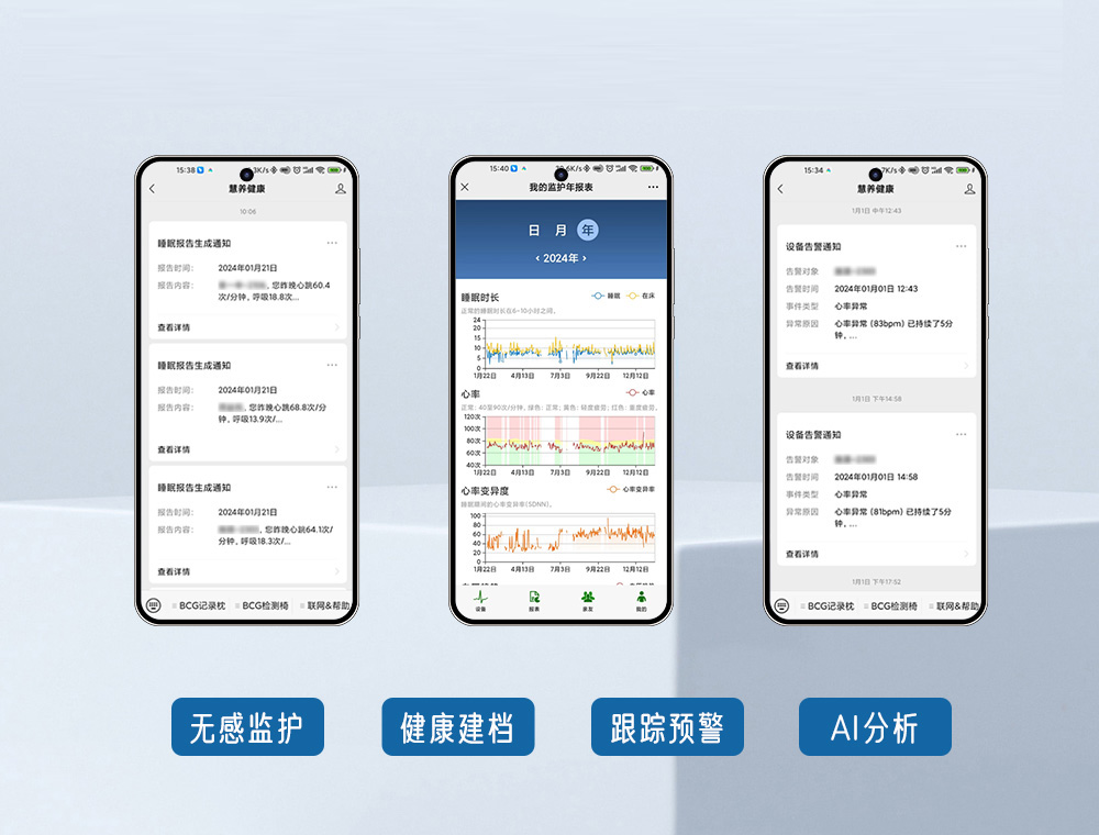 慧养健康 APP 三屏示意图：睡眠报告生成通知、监护年表、设备告警通知